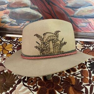 Tan Fedora Hat with Mushroom Design